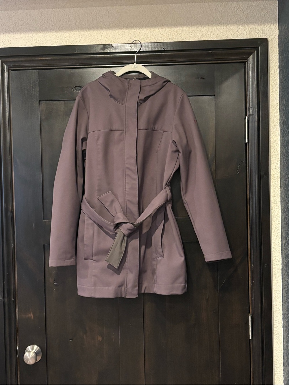 Columbia Womens Hooded Belted Trench Coat Mauve Size Large Zip Up w/ Pockets